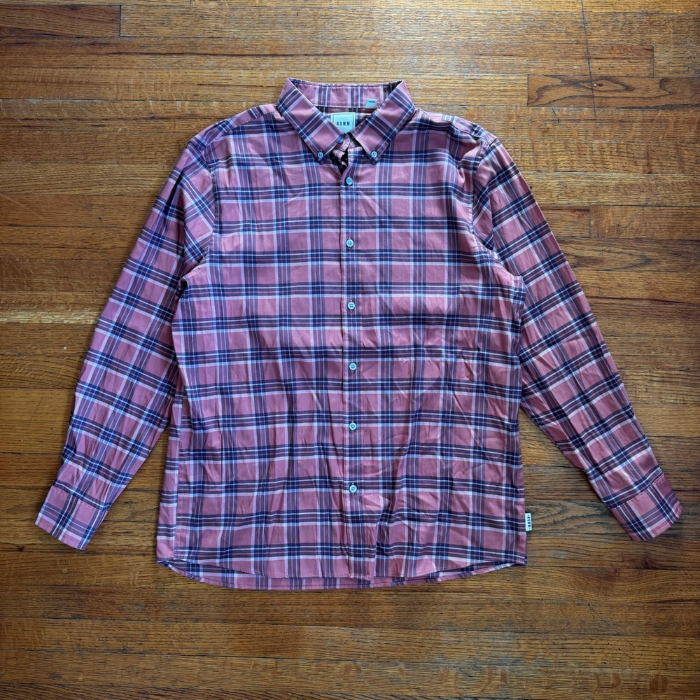 ROWM Mens Large Pink Purple Plaid Long Sleeve Button Down Stretch Shirt L‎